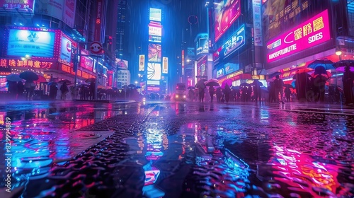 A photo of a cyberpunk cityscape with neon signs  a rainy night with reflections on wet streets and bustling crowds