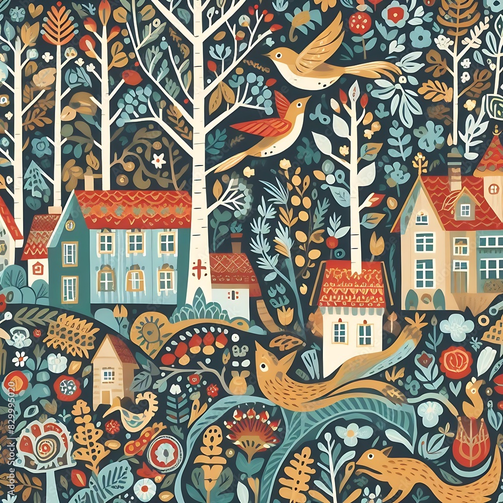 pattern of a Swiss-style houses and forest with a squirrel and birds pattern of a Swiss-style houses and forest with a squirrel and birds