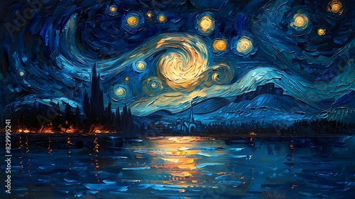 Starry Night is an oil painting on canvas in the style of Van Gogh photo
