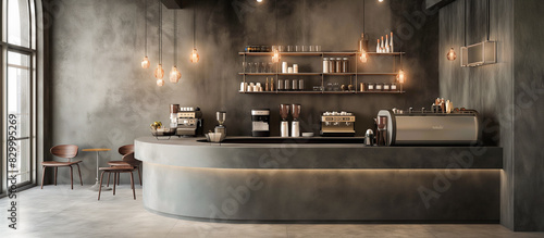 small modern grey industrial concept cafe coffee shop with round bar © oswasa