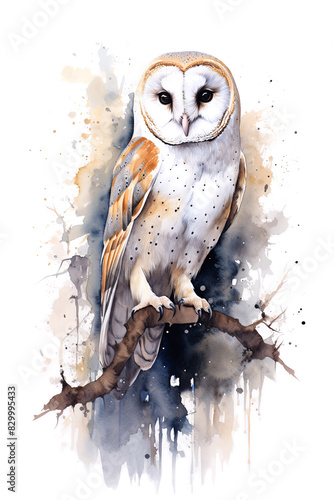 Barn owl, Tyto alba, perched on a tree stump. Digital watercolour painting on white.