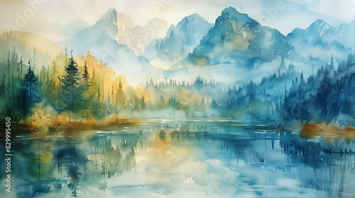 watercolor landscape with mountains and forest, lake in the foreground, reflection on water, misty, blue green colors, light yellow accents