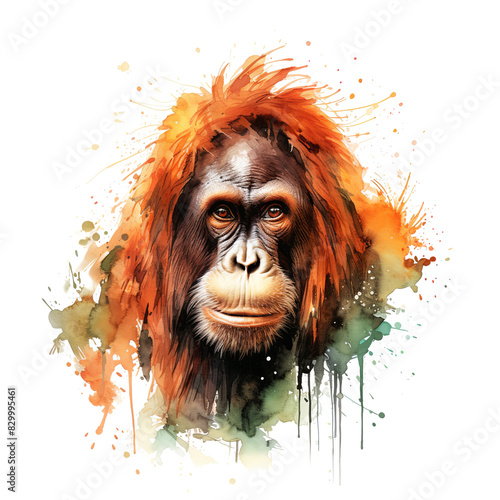 Expressive Orangutan Portrait With Watercolor Splashes on a White Background. Digital painting.