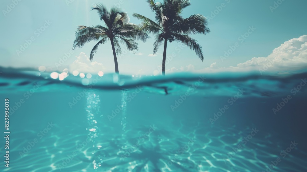 Tropical island with crystal clear waters. Close-up focus on double exposure silhouette with palm trees, Perfect for relaxing getaways.