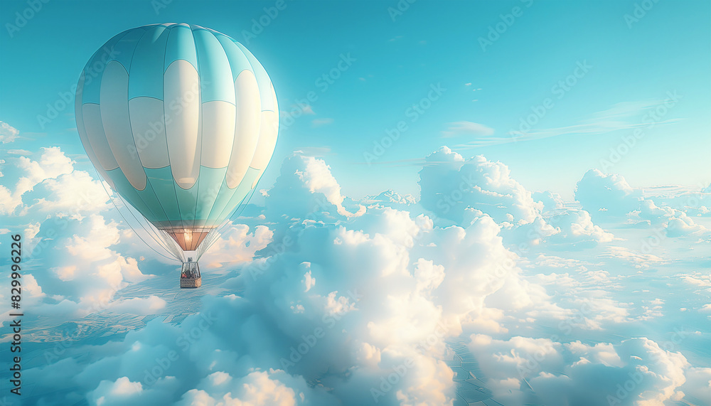 Fototapeta premium Hot air balloon voyage above clouds. Serene aerial journey. Tranquil sky exploration. Traveling and skies beauty concept.