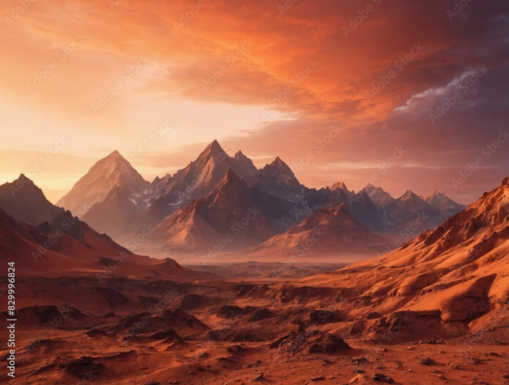 Sunset,sunrise over Martian mountains, Dramatic landscape of Mars with towering peaks bathed in the warm hues of dawn or dusk.