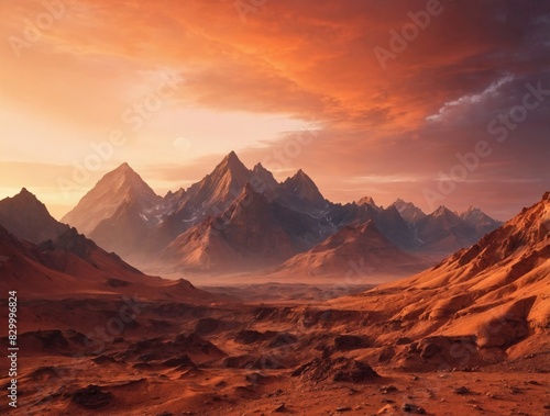 Sunset,sunrise over Martian mountains, Dramatic landscape of Mars with towering peaks bathed in the warm hues of dawn or dusk.