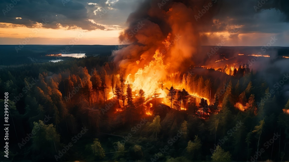 Fototapeta premium A strong fire in a large forest at dawn. View from above