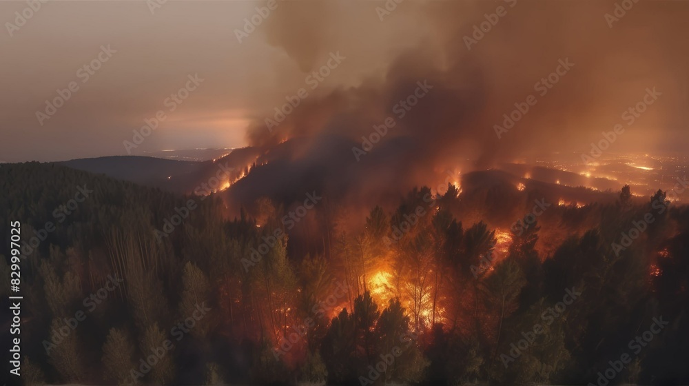Top view of fire in hilly forest at night