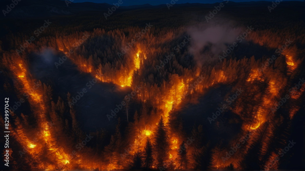 Fire in the forest at night along the paths