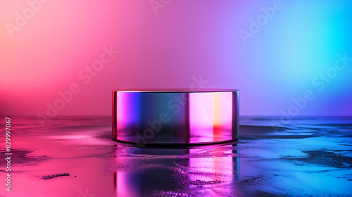 A modern 3D mockup showcasing a metallic cylinder podium with a colorful gradient background, creating a luxurious and dynamic setting for a high-end cosmetic product © Meekong.nk