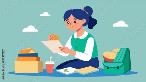 As she unpacks her lunch a student discovers a note from her parents telling her to take a break from studying and enjoy her lunch.. Vector illustration