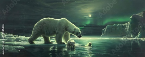 Polar bears and cubs traverse icy waters under the northern lights in a serene Arctic night scene. © Tin