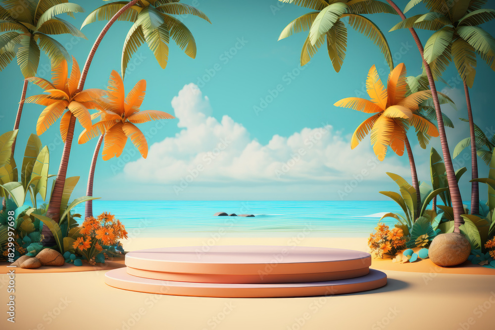 Obraz premium Tropical beach background with palm trees, sandy shore, and calm ocean, perfect for summer vacation and travel concepts. 