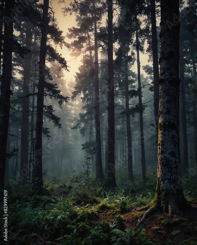 Surreal forest landscape at dawn, digital watercolor © xKas