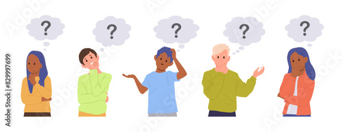 Cute pensive curious children cartoon characters with question sign over head set isolated on white