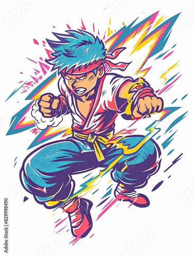 A man in a blue shirt and blue pants is punching in the air