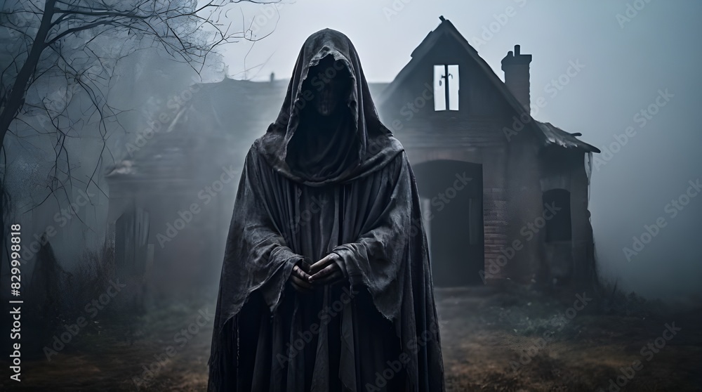 Scary ghost in a hooded cloak on the background of a lonely ruined house in the fog. Abandoned haunted house scene as spooky Halloween concept. Generative AI Scary ghost in a hooded cloak on the background of a lonely ruined house in the fog. Abandoned haunted house scene as spooky Halloween concept. Generative AI