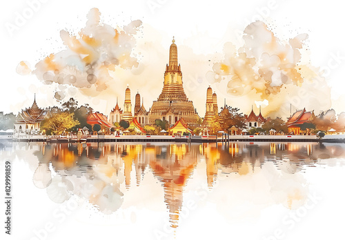 watercolor painting, “Wat Arun” famous place in Bangkok, Generative AI