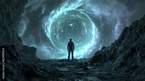 A digital depiction of a space explorer standing alone on a foreign planet, silhouetted against the backdrop of an alien landscape
