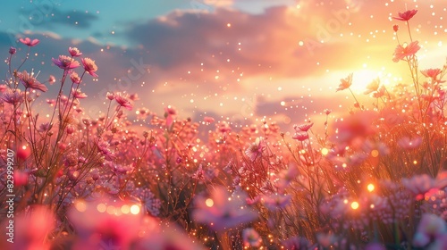 A photo of a dreamlike orchard with pastel-colored fruits, a dawn sky with soft pink clouds and gentle sunlight photo