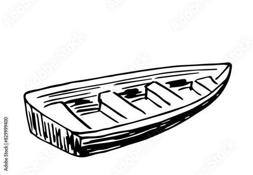 Simple black outline vector drawing. Old wooden boat, recreation and fishing. Sketch in ink.