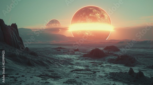 A distant planet bathed in the light of twin suns, its surface scarred by the remnants of ancient wars and cataclysms photo