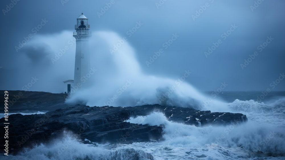 lighthouse standing sentinel against crashing waves on a rocky coastline