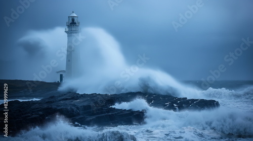 lighthouse standing sentinel against crashing waves on a rocky coastline