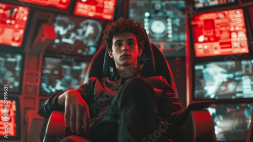 Young man with curly hair, wearing a black leather jacket, seated in a futuristic command chair with a relaxed posture photo