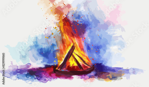 Happy Holi!Happy holika dahan!happy new year!Lag BaOmer，Bonfire and colorful smoke, watercolor painting,Bonfire Night