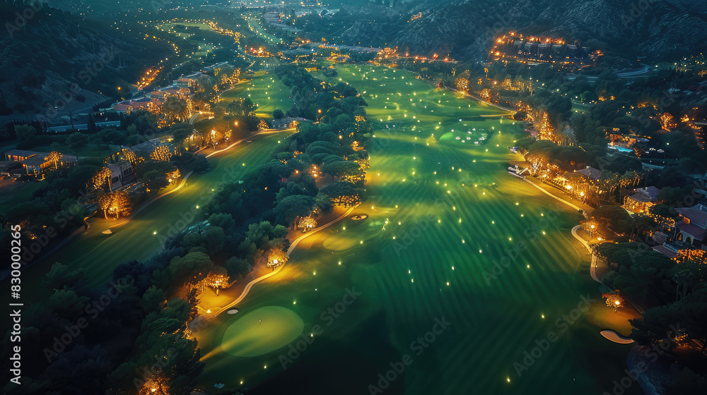 Obraz premium View of a huge luxury golf course, drone view. The golf club is located in a recreation area, outdoor sports. Golf course nsunset and the big city with the river at night. generative ai