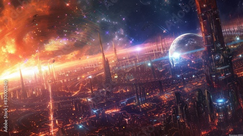 A futuristic cityscape dominated by towering arcologies and shimmering energy shields, protecting against the dangers of a hostile alien environment