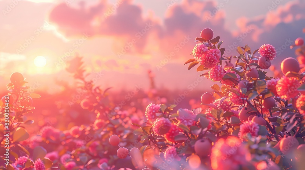 A photo of a dreamlike orchard with pastel-colored fruits, a dawn sky with soft pink clouds and gentle sunlight