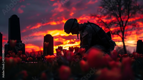 A silhouette of an american soldier kneeling in front on the grave, sunset sky with red and orange colors, colorful tulips flowers at foreground, tombstones background, cinematic photography style, dr photo