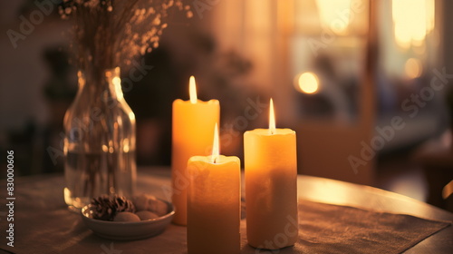 Candle holder with burning candles on the table, creating a romantic atmosphere in the interior