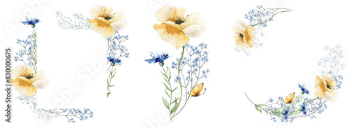 Watercolor painted floral wreath and frame set. Transparent blue, green branches, leaves, yellow wild flowers Round shape frame.