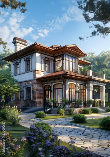 European-style house with beautiful yard © Adobe Contributor