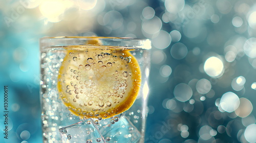 clear glass of sparkling water with a slice of lemon