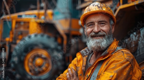 A smiling construction worker wearing a hard hat and reflective jacket stands confidently at a construction site with heavy machinery.