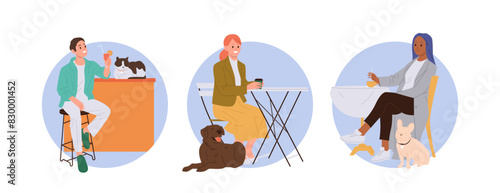 Happy people pet owners cartoon characters with dogs and cats visiting cafe round composition