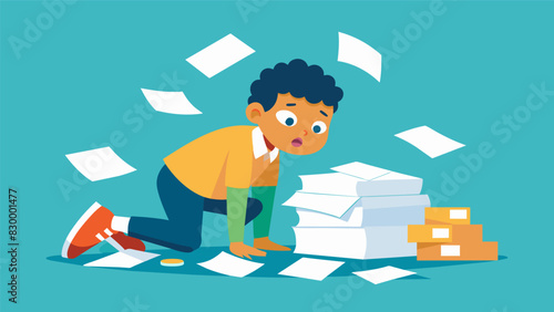 A parent frantically flipping through a pile of papers trying to find the date and time of their childs school field trip to add to the calendar.. Vector illustration