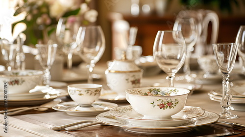 elegant table set for a formal dinner party, adorned with fine china and silverware © Mars0hod