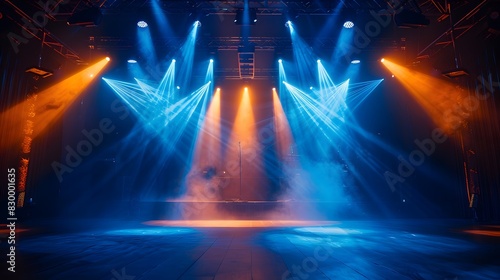 Dimly lit empty stage with vibrant blue and orange spotlights, foggy effects for live performance in club
