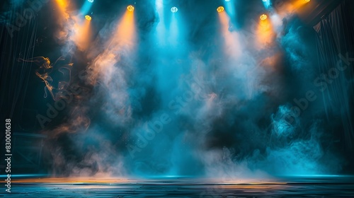 Empty stage club with dramatic blue and yellow spotlights, atmospheric scene with smoky effects and dark background