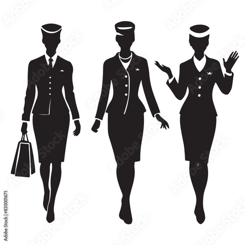 Three Air Cabin Crew Silhouette Vector Set