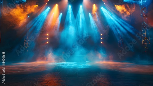 Empty club stage illuminated by dynamic blue and orange lighting, smoke effects creating moody atmosphere ready for performance