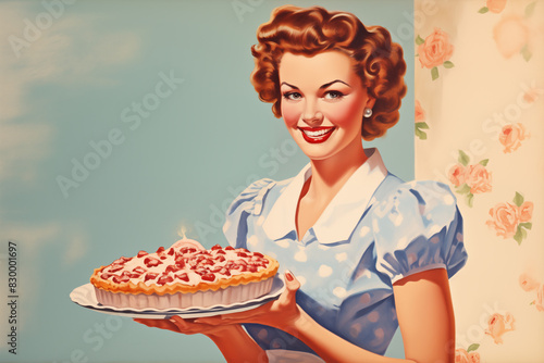 a vintage 1950s kitchen advertisement with a cheerful housewife holding a pie