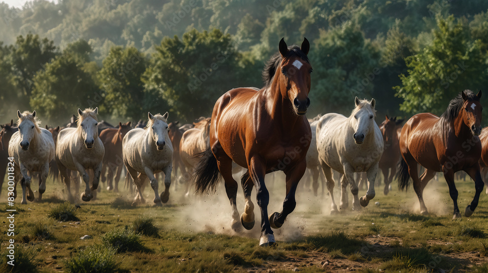 Obraz premium Beautiful horse herd gallops on the meadow. A style similar to impressionist painting. Generative AI