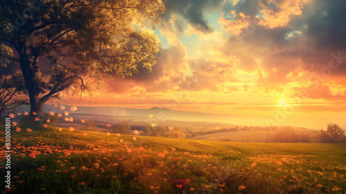 Breathtaking sunset illuminates a vibrant meadow filled with blooming flowers and a solitary tree  creating a serene and enchanting spring landscape